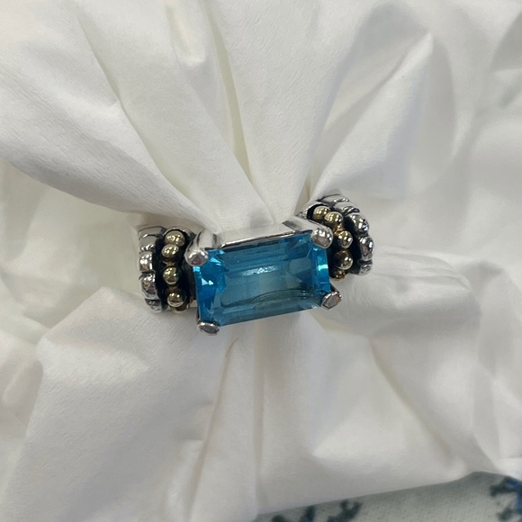 Lagos Blue Topaz Caviar Sterling Silver & 18K Yellow Gold Ring Size 7 - Picture 5 of 16